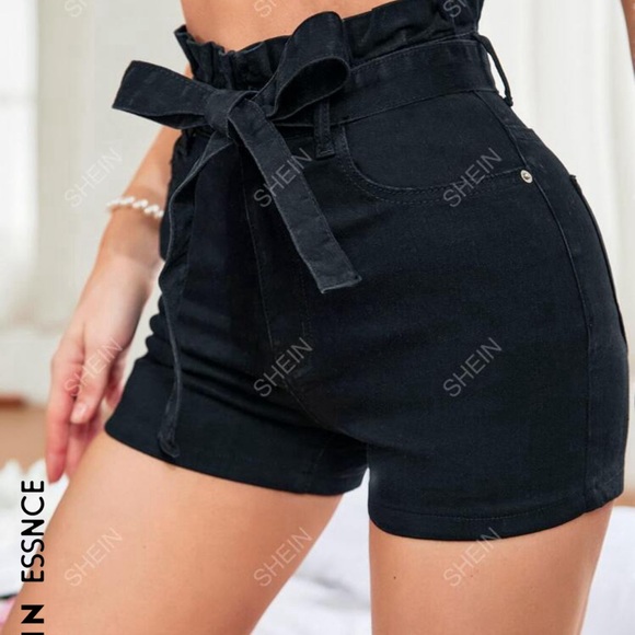 Women Black Paperbag Waist Belted Shorts